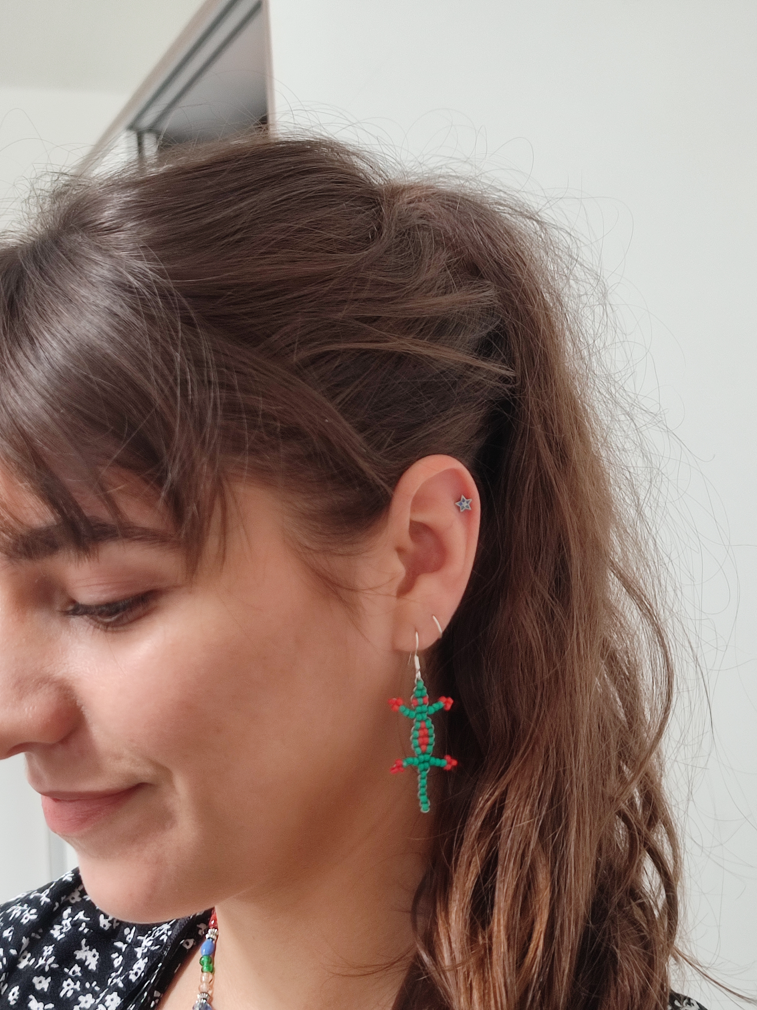 up-cycled, green, beaded, lizard dangly earrings