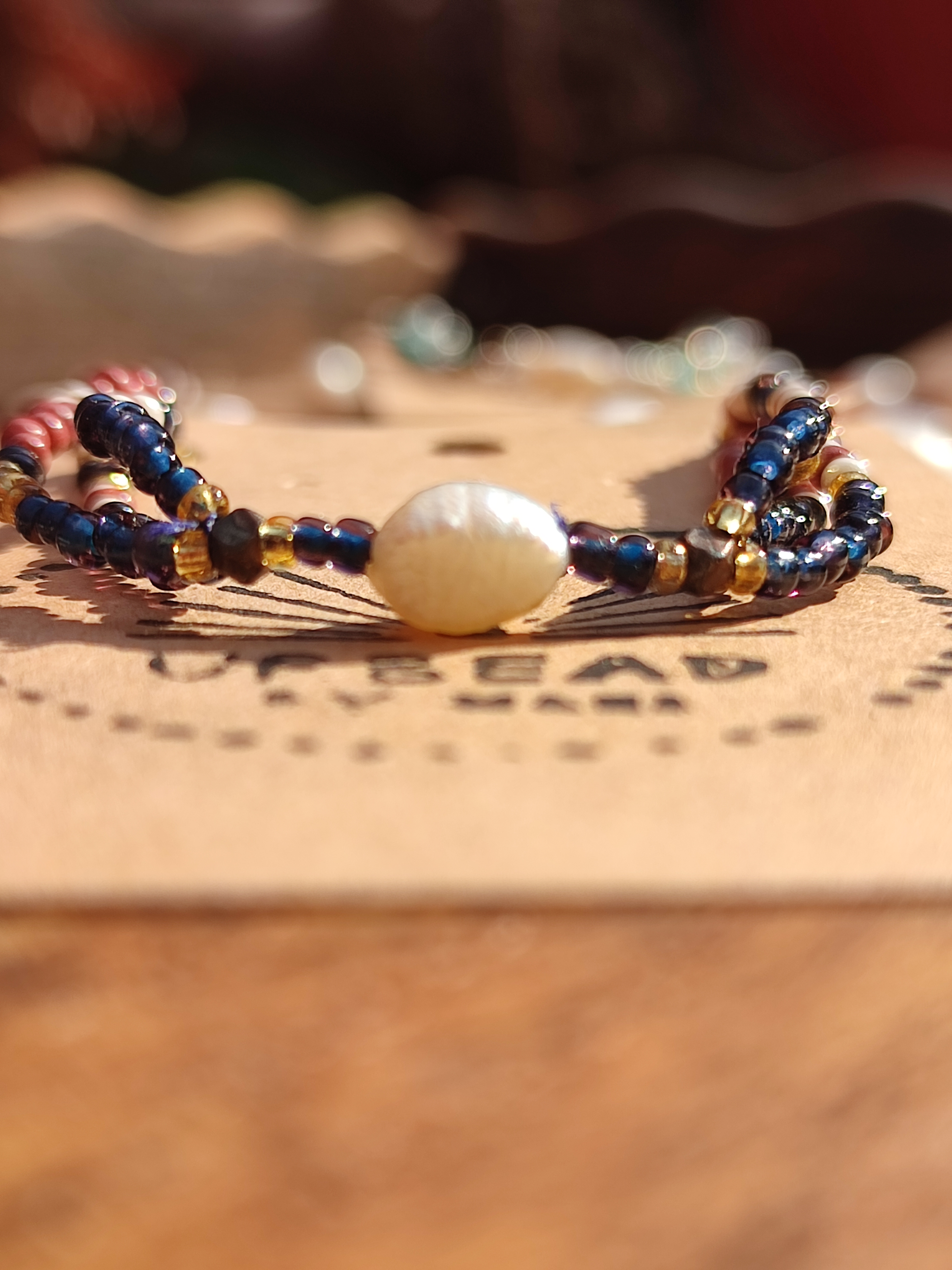 up-cycled, indigo, beaded, pearl bracelet