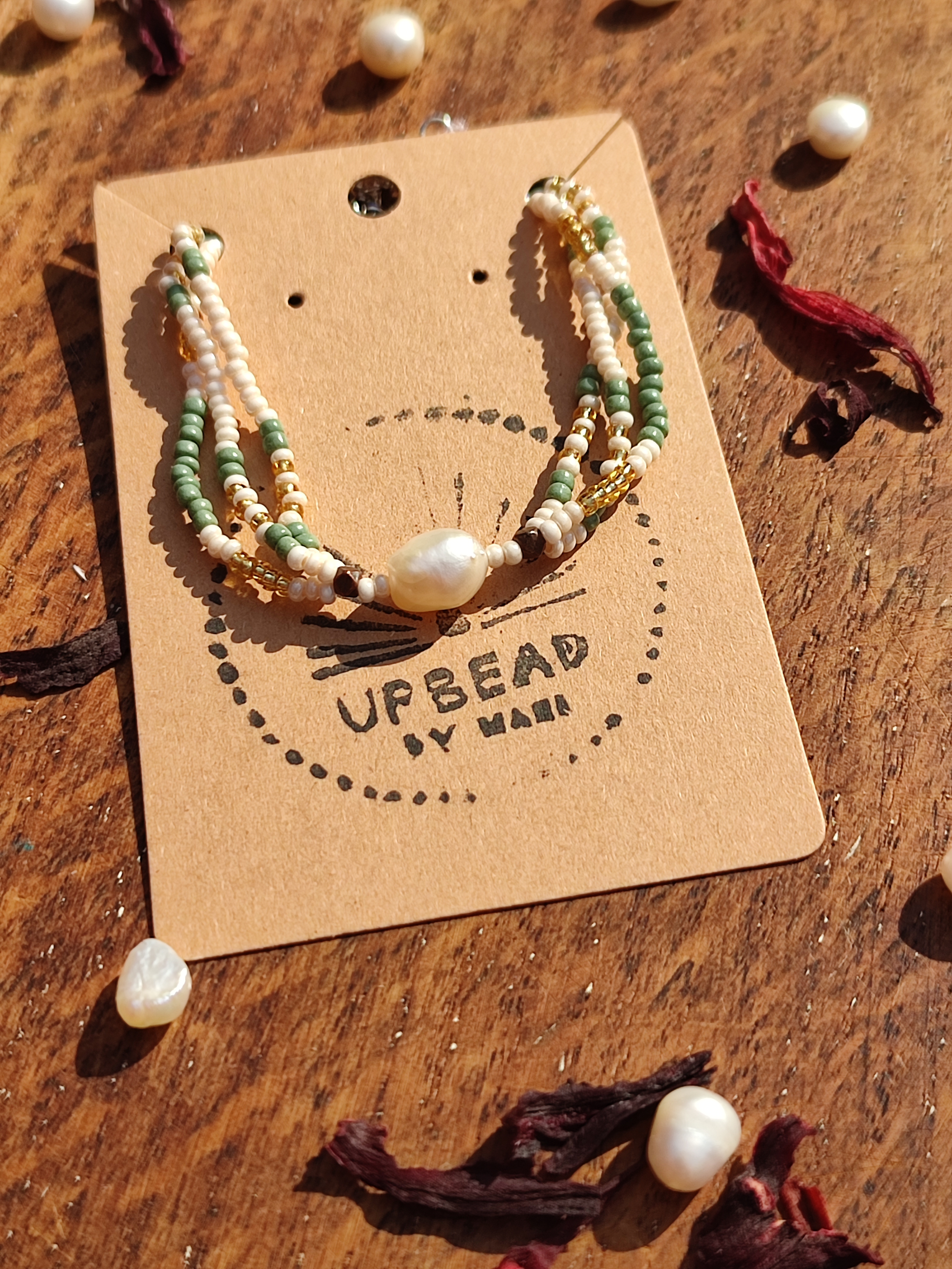 up-cycled, sage green, beaded, pearl bracelet