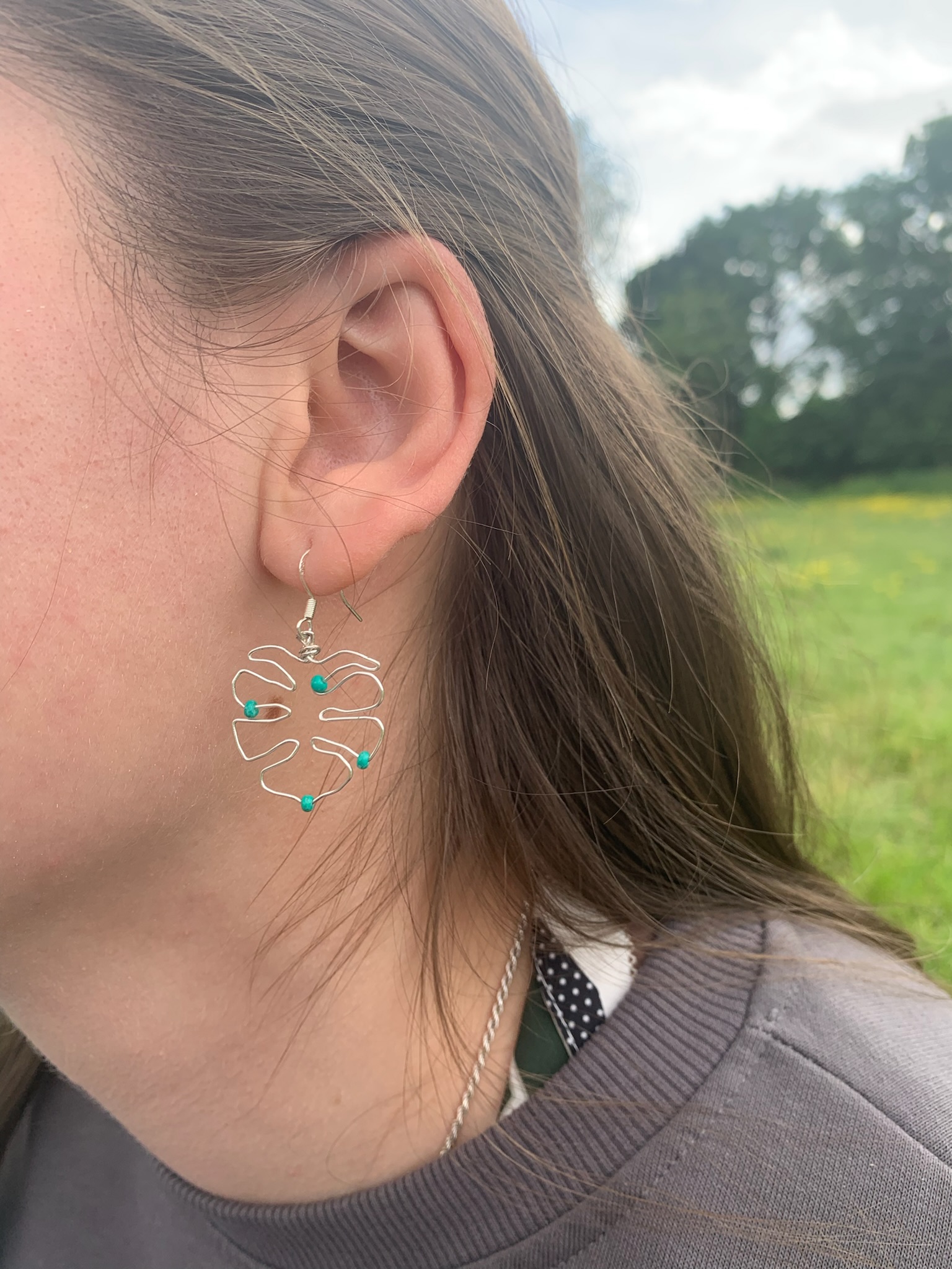 up-cycled, silver, wire monstera leaf earrings